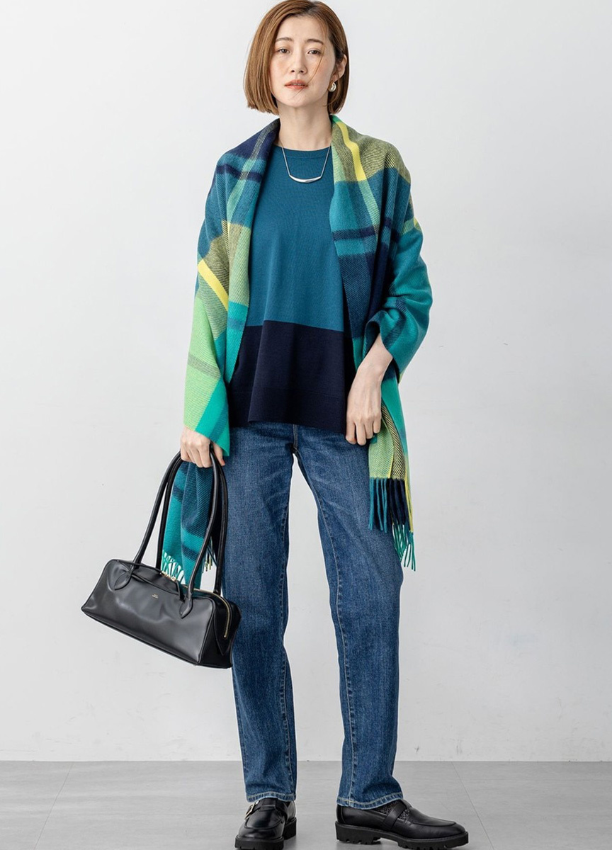 精紡羊毛配色連袖針織衫